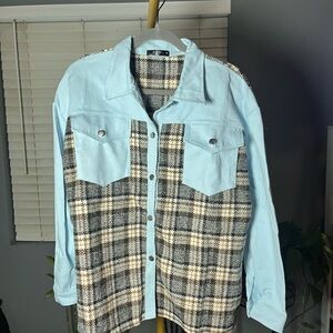 Stylish Plaid Button Down Shirt - Sky Blue and Black